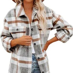 Womens Casual Wool Blend Plaid Flannel Shackets Jacket Button Down‎ Shirt Coat
